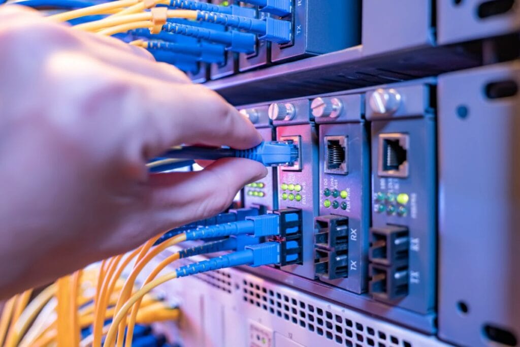 Ethernet cable connected to a router for a wired internet connection