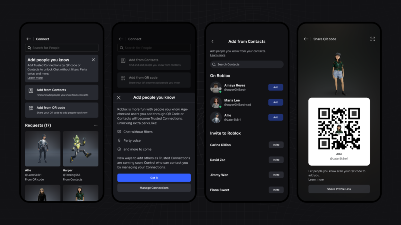 How to make someone a trusted connection on Roblox: Connect screen showing QR code, Contacts, and Trusted Connection options